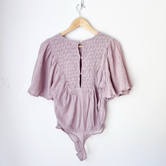 Free People Perfect Catch Lavender Bodysuit Open Back Bell Sleeve Boho Smocked - Picture 2 of 8